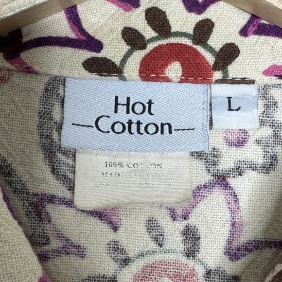 Hot Cotton Shirt Womens Large Cream Multicolor Floral Button Front Short Sleeve - Picture 4 of 11